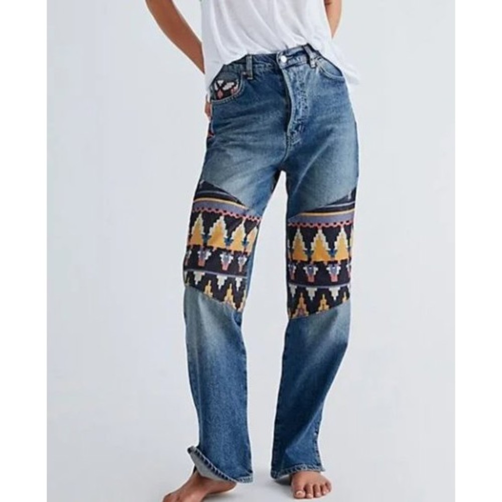 Free People Blue Jeans with Multicolor Tribal Pattern NWOT